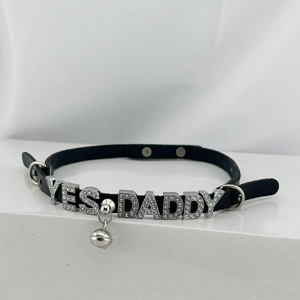 Bell Buckled Adjustable Leather Rhinestone Custom Letters Collar  Name Chocker Necklace Cosplay Jewelry Gift
