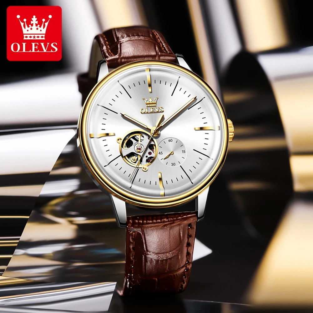 OLEVS 6708 ساعة ميكانيكية للرجال موضة الزجاج المقوس التلقائي ساعات رجالية جوفاء بسيطة فاخرة العلامة التجارية الأصلية ساعة رجل