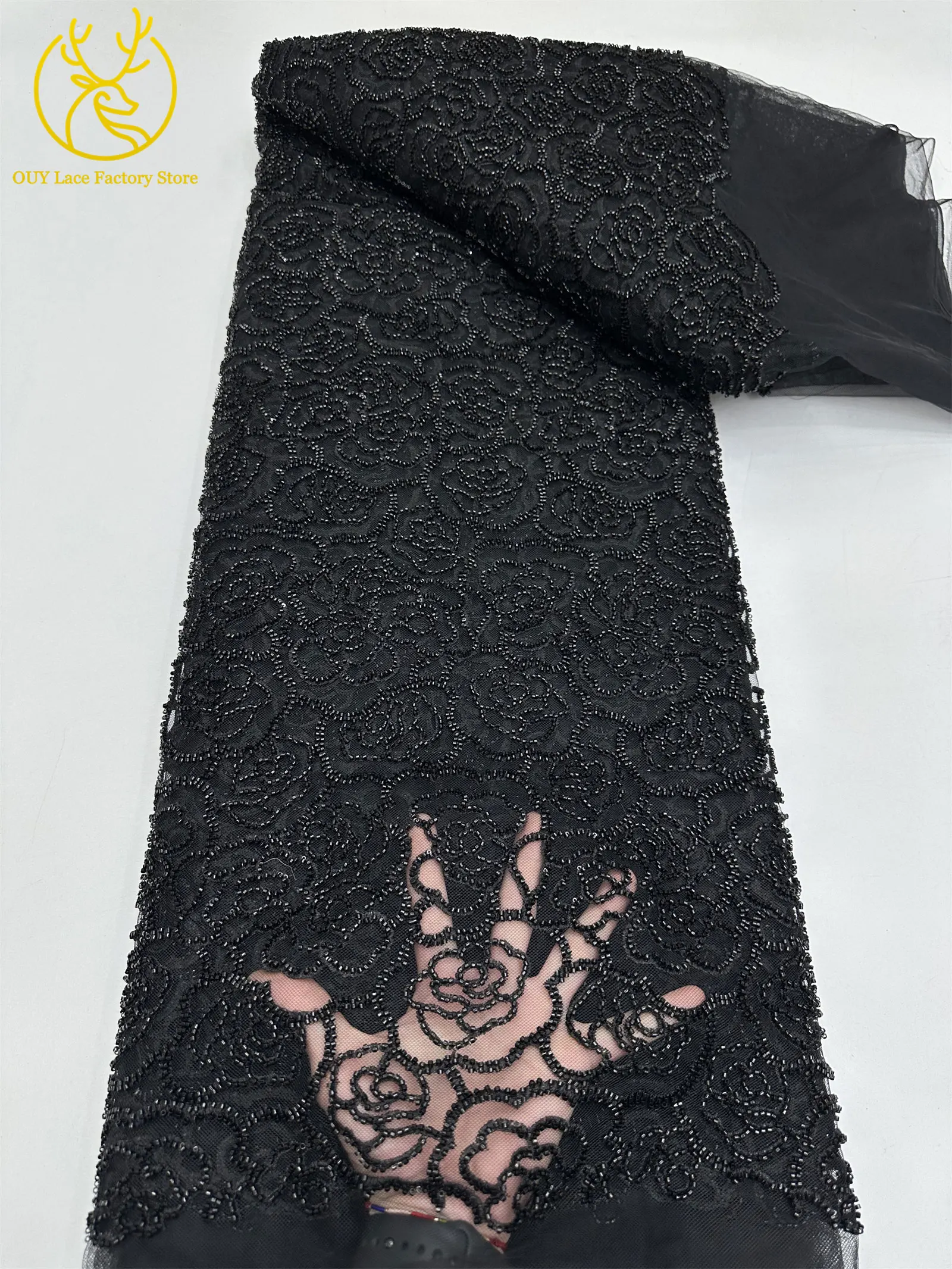 Stickerei-Blumen Perlen-Pailletten Spitzenstoff Französischer Tüll Netz-Stickerei Nigerianischer Spitzenstoff Brautkleid-Stoff – Detail 19