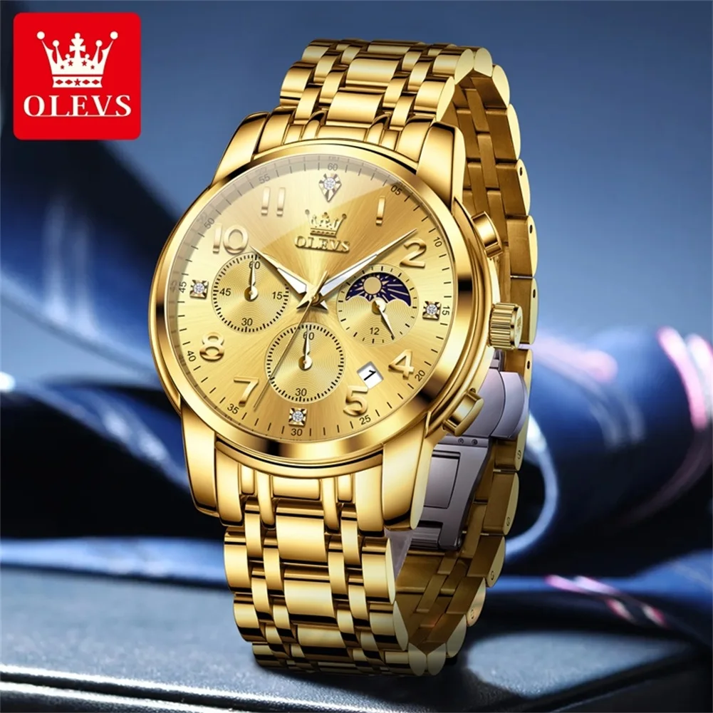 OLEVS 3628 Orologio da uomo con fasi lunari Orologio al quarzo di marca di lusso Orologio sportivo da uomo con cronografo digitale arabo moda classica