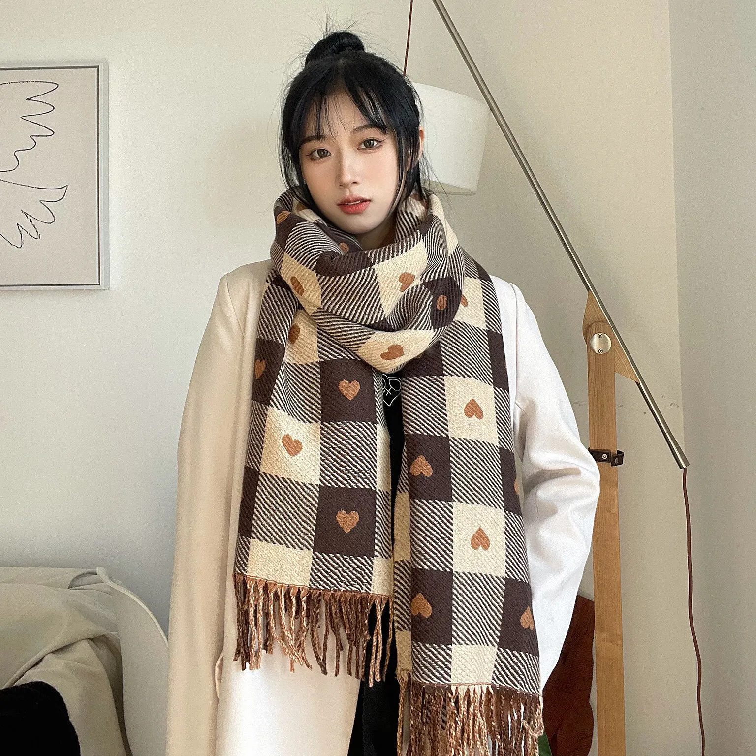 Scarf Women\'s Autumn and Winter New Imitation Cashmere Love Plaid Scarf Fashionable Versatile Double-sided Thickened Warm Shawl