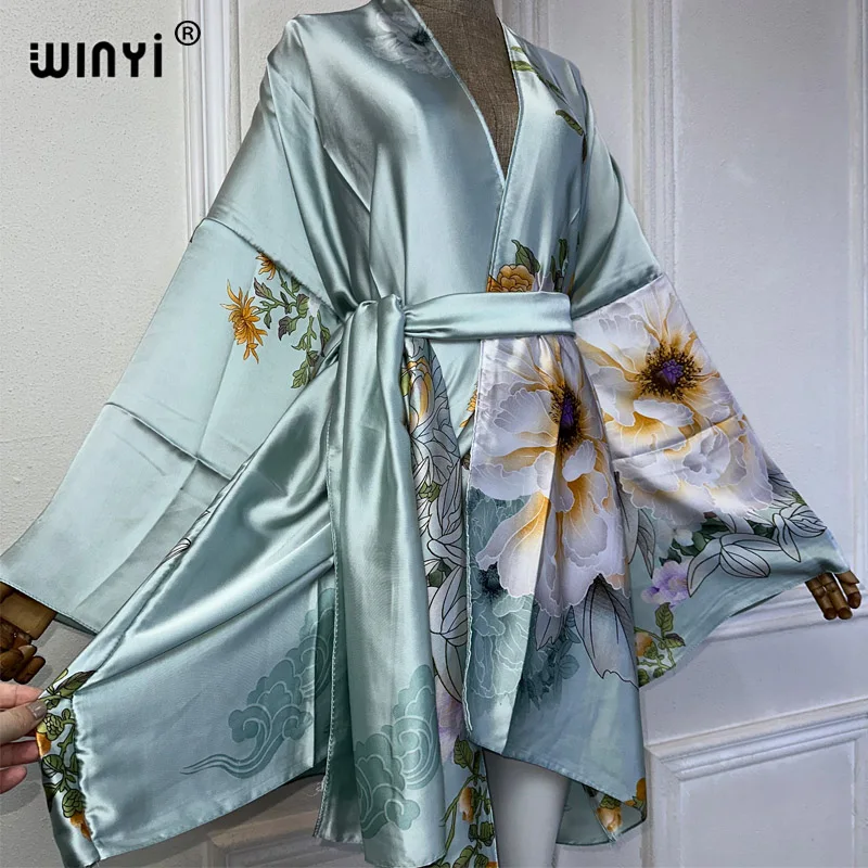 2024 WINYI Europe kimono with belt Cardigan kaftan Cocktail sexy Boho cover up beach women Africa Holiday Robe beach outfits