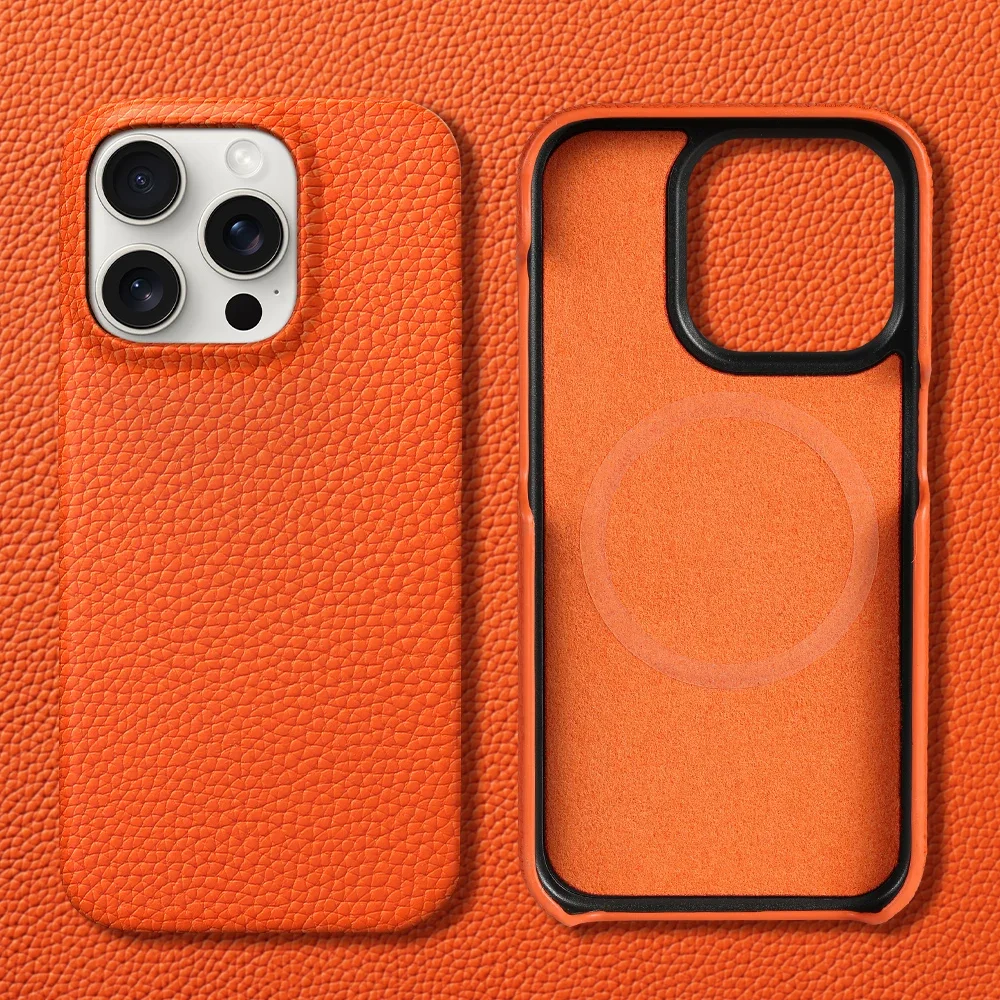

New Genuine Litchi Grain Cowhide Leather Magsafe Case for iPhone 16 15 Pro Max 16Pro Business Magnetic Wireless Armor Back Cover