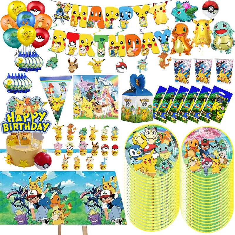 Decoración para fiesta de cumpleaños de Pokémon, vajilla con tema de Pikachu, juego de platos y vasos, globos, pancarta, telón de fondo, bolsa de regalo, artículos para fiestas infantiles