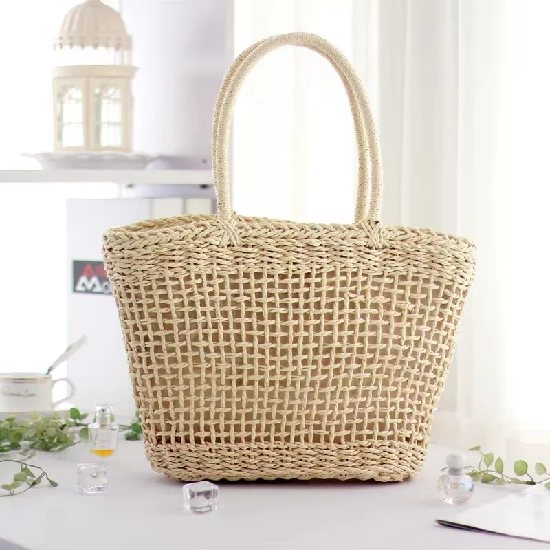 

Fashion Straw Top Handle Bags for Women 2024 Summer Beach Bag For Travel Seaside Casual Handmade Woven Vegetable Basket Handbags