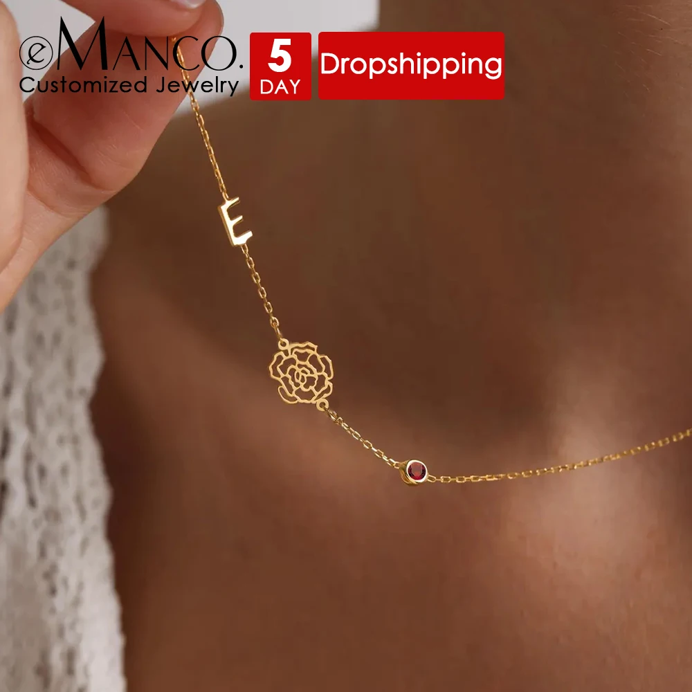 EMANCO Custom Birth Moon Flower Necklace Stainless Steel Birthstone Monogram Necklaces Women's Personalized Jewelry