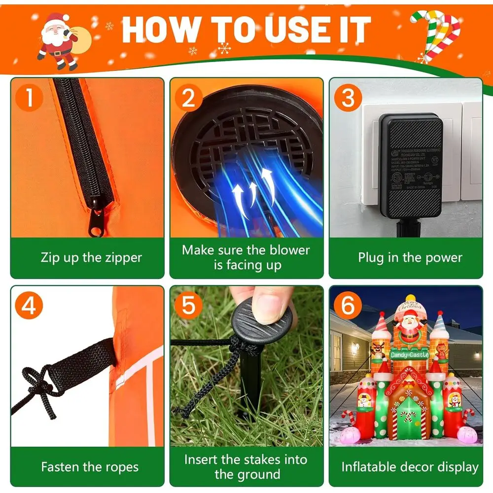 Castelo de Doces Gigante Inflável 11T para Decoração Externa com Luzes LED Integradas, Inflável com Papai Noel, Rena e Biscoito de Gengibre