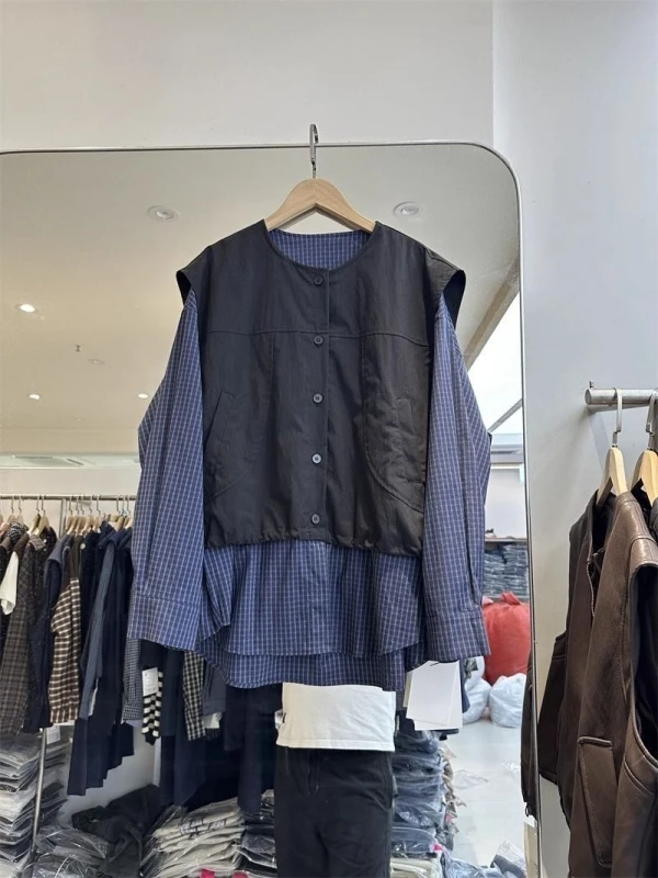 

plus Size Korean Sle Plaid irt Men's Women's Spring Autumn New Design Patcher Fake Two-Piece Long Sve round Ne Top