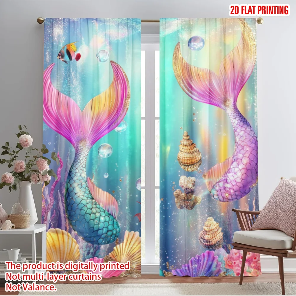 2pcs,2D plane printing Popular Curtains Mermaids Tale Polyester (without rod) Decorations Outdoor for Living Room and Bedroom