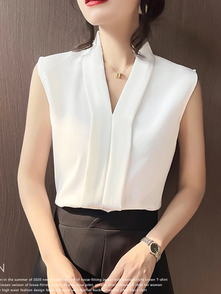 2024 Summer Office Lady Style Shirts Women Sleeveless Women Blouse Shirts Tops Elegant Tops Blusas Femme Blouses Black White