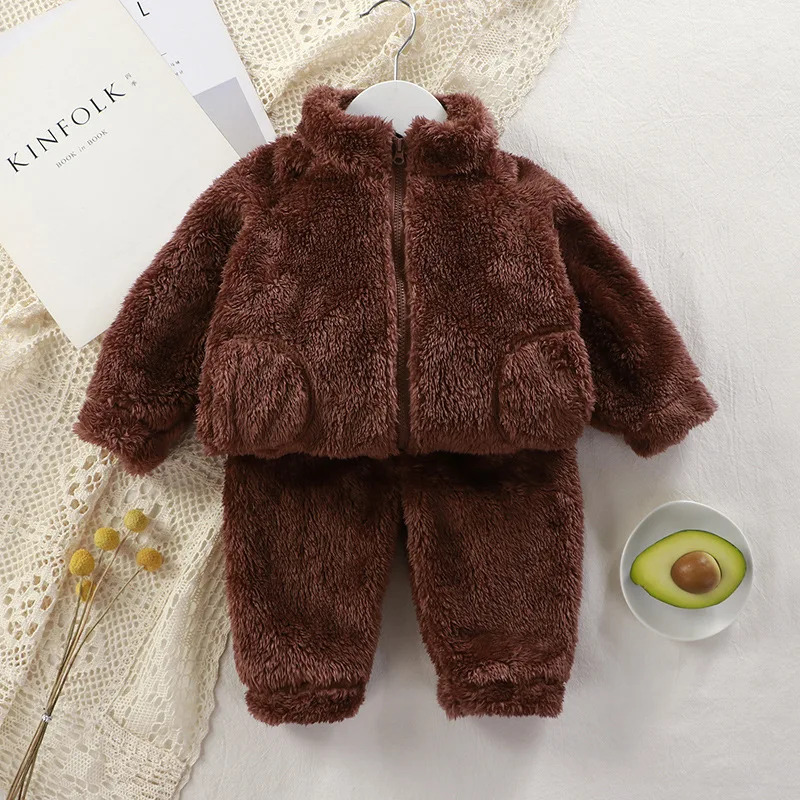 Children’s Winter Set Toddler Baby Autumn Outfit Plush Warm Clothing Solid Color Fashion Home Wear Zipper Two-piece Set Kid Suit