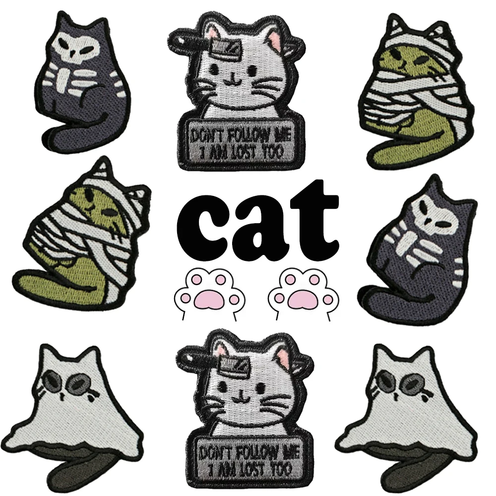 Cute Cuddly Cat Embroidery Quality Fabric Glow In Dark Animal Cat Patch For Tactical Vest Bags Uniform Patch Stickers