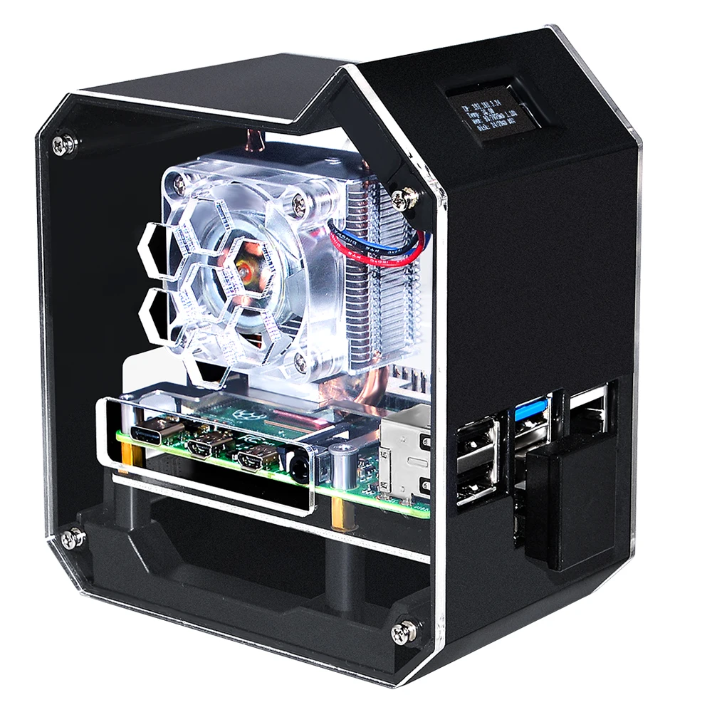 Mini Tower NAS Kit for Raspberry Pi 4B, support up to 2TB M.2 SATA SSD, Strong Heat Dissipation, OLED Screen Display