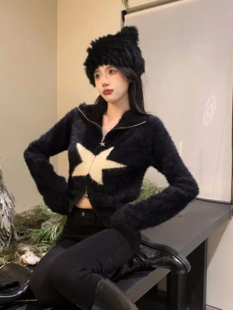 

Autumn Winter Black Patchwork Long Sleeve Slim Zipper Cardigan Sweater Women Vacation Versatile Knitted Tops 2025 Korean Fashion
