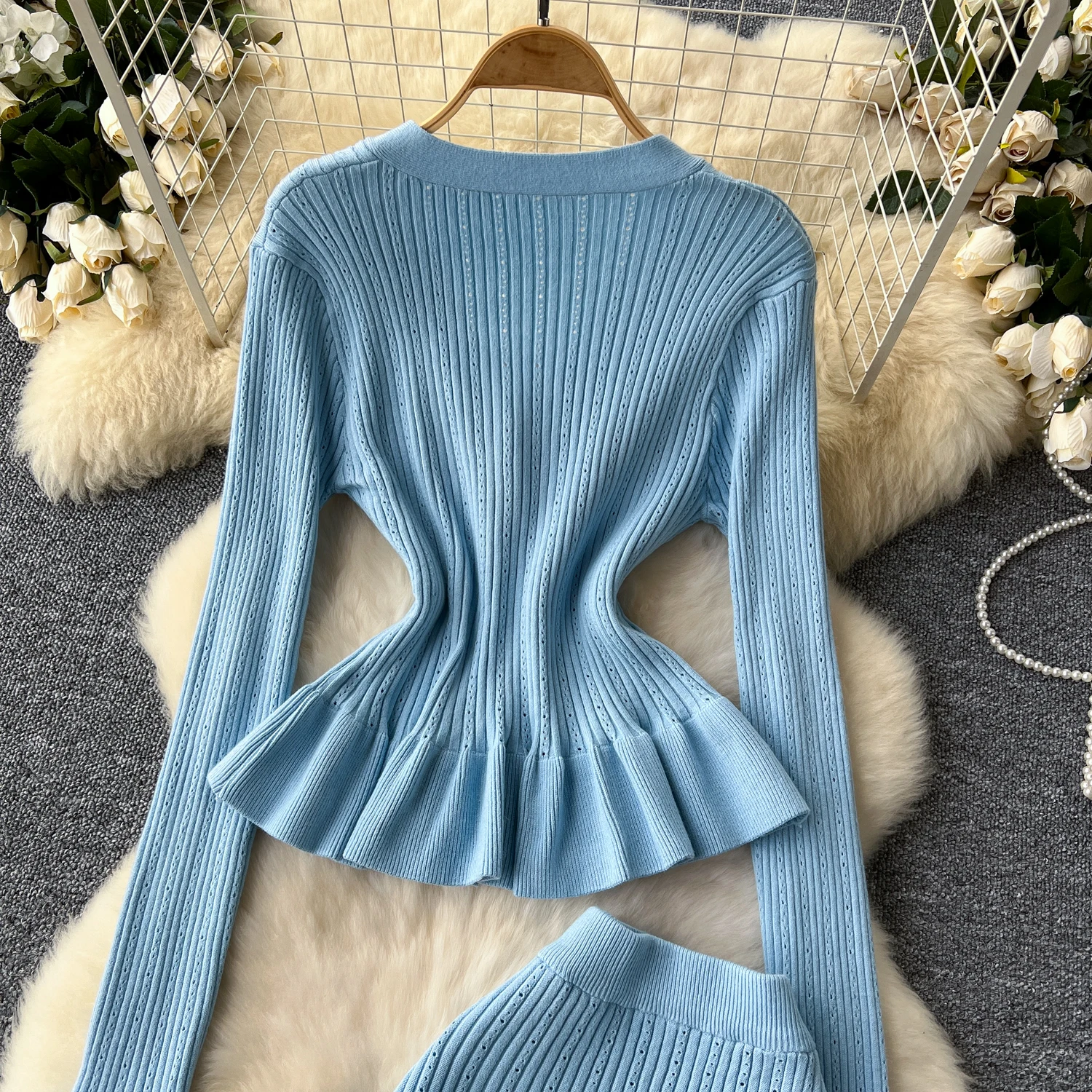 Autumn Elegant Slim Two Pieces Sets Women Single Breasted V-Neck Cardigan High Waist Bodycon Mermaid Skirt Knitted Sets J337