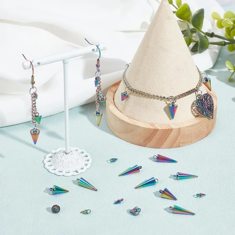 24pcs Rainbow Cone Charm Stainless Steel Punk Style Spike Charm 4 Sizes Dangle Earring Charm Bracelet Charms