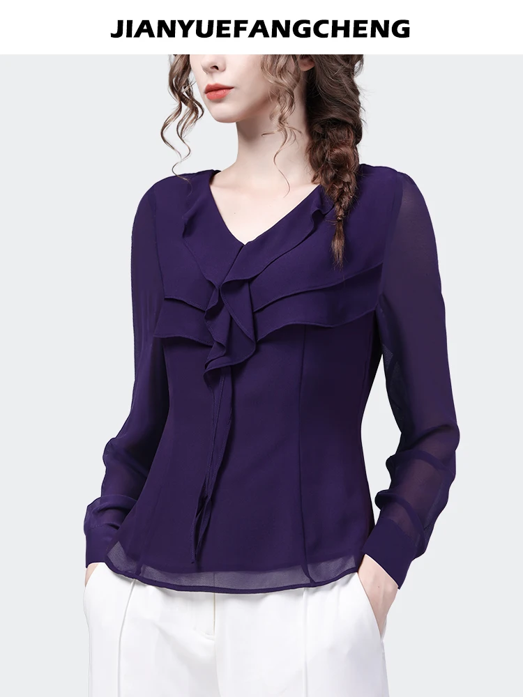 Imagem -03 - Blusa Feminina de Chiffon Roxo com Gola Marinheiro Manga Longa Tops com Gola v Folgada Camisas Casuais com Babados Moda Primavera Verão