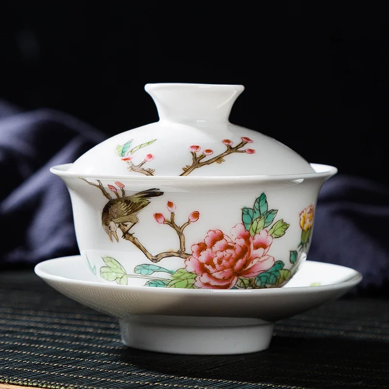 Jingdezhen Hand Painted Pastel Flowers and Birds Tureen Ceramic Three Pieces Gaiwan Set Teacup Large Porcelain Hand-Held Cup