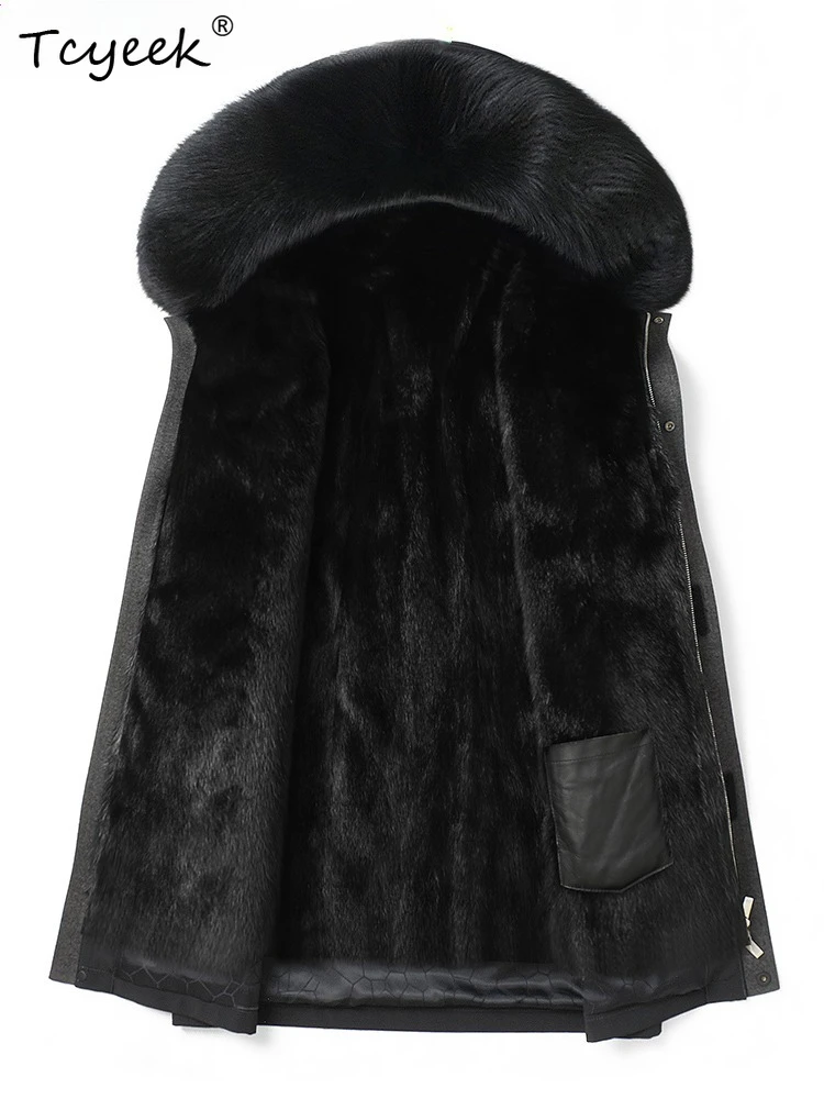 

Tcyeek Real Fur Coat Men Winter Clothes Mid-length Sapphire Whole Mink Jacket Warm Coats Man New in Outerwears Fox Fur Collar