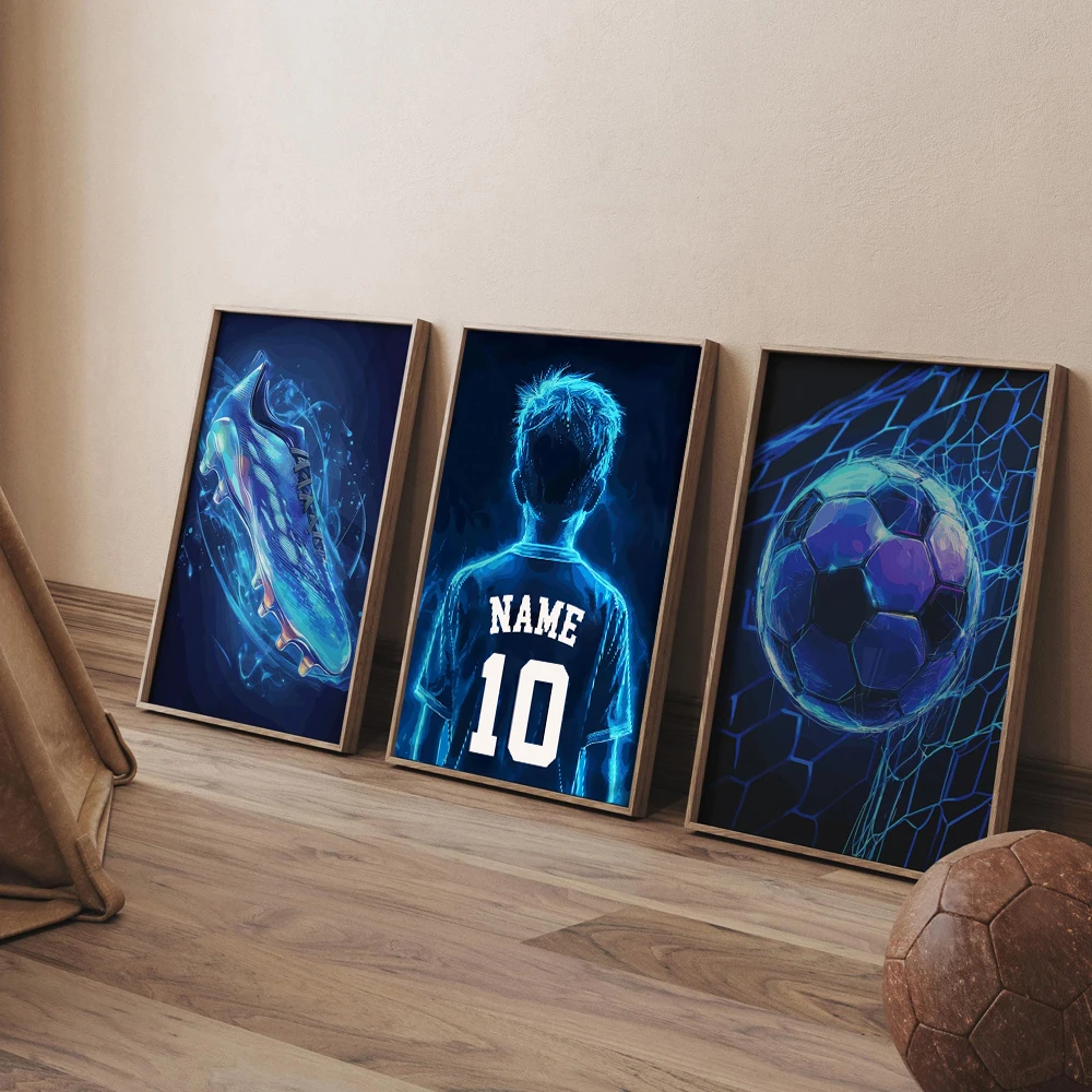 3pcs/set Personalized Football Custom Name & Number Canvas Prints Vibrant Football Boots Sports Wall Art Posters for Home Decor