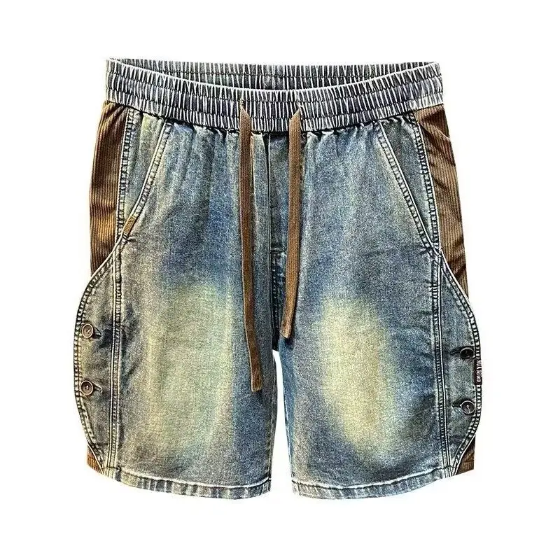 

American retro drawstring denim shorts for men's summer new style loose and heavyweight washed five quarter pants casual patch