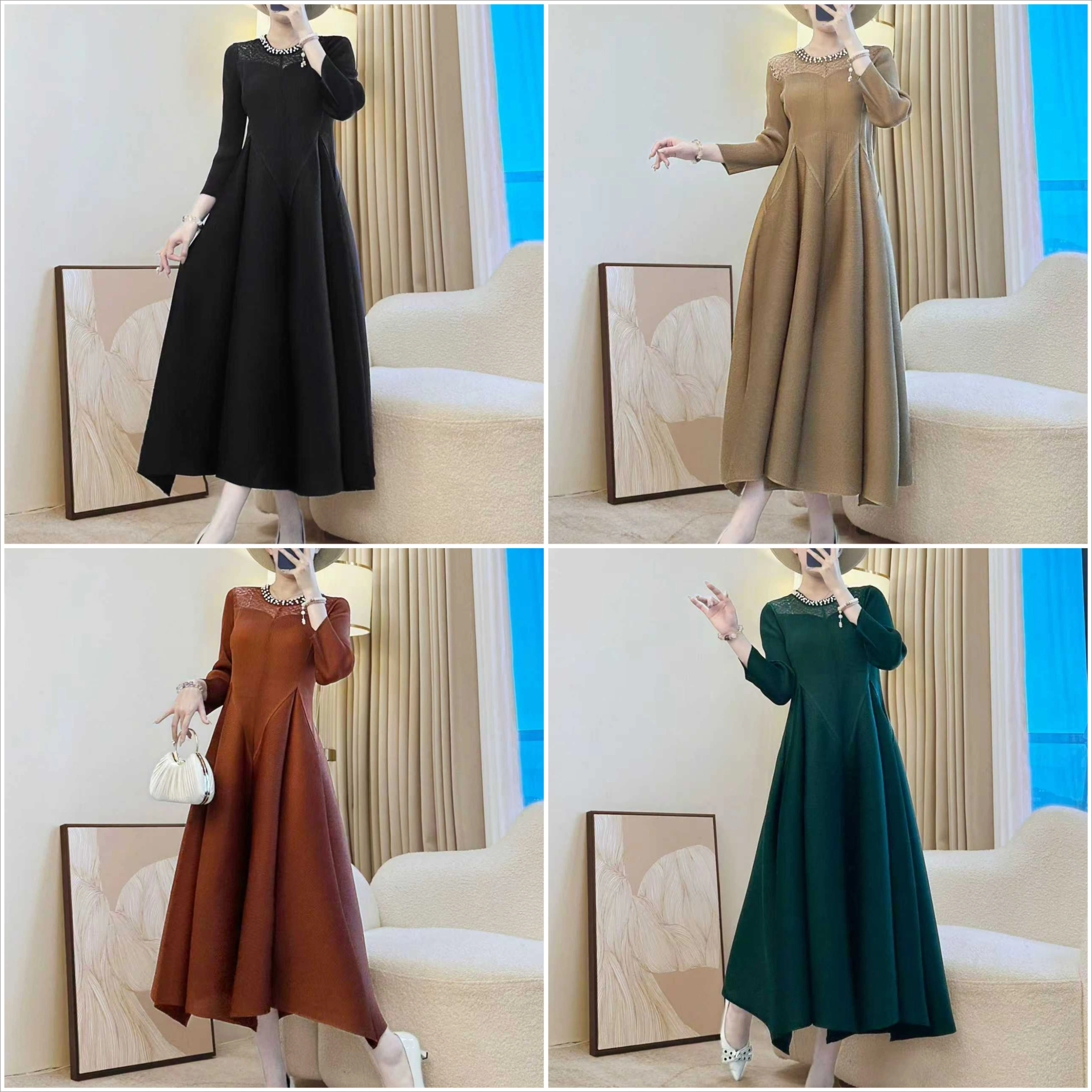 

Miyake Fold 2025 Autumn New Fold Flower Bud Skirt Pearl Round Neck Fashionable and Elegant Temperament Show Thin Women's Dress