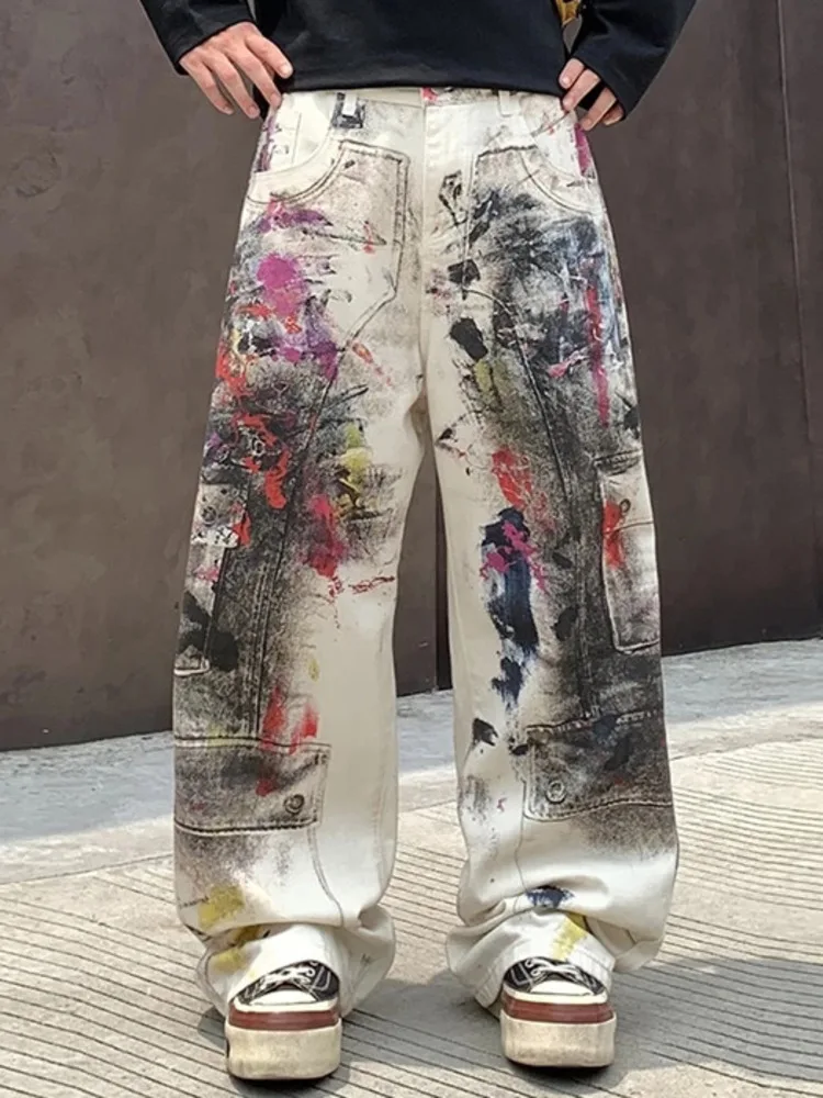 Splatter Edgy Men's Paint Jeans Black White Print Wide Leg Baggy Fit Distressed Streetwear Premium Denim Pants 94IW