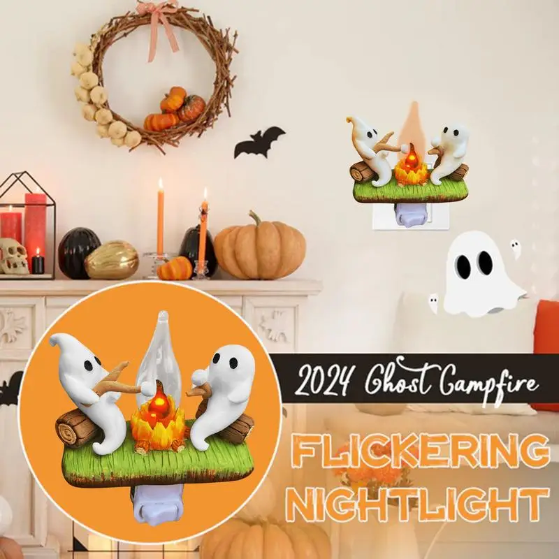 Ghost Nightlight Campfire Night Lights Cute Halloween Faux Ghost Bonfire Dusk Night Lights Plug Into Wall For Bedroom Wall