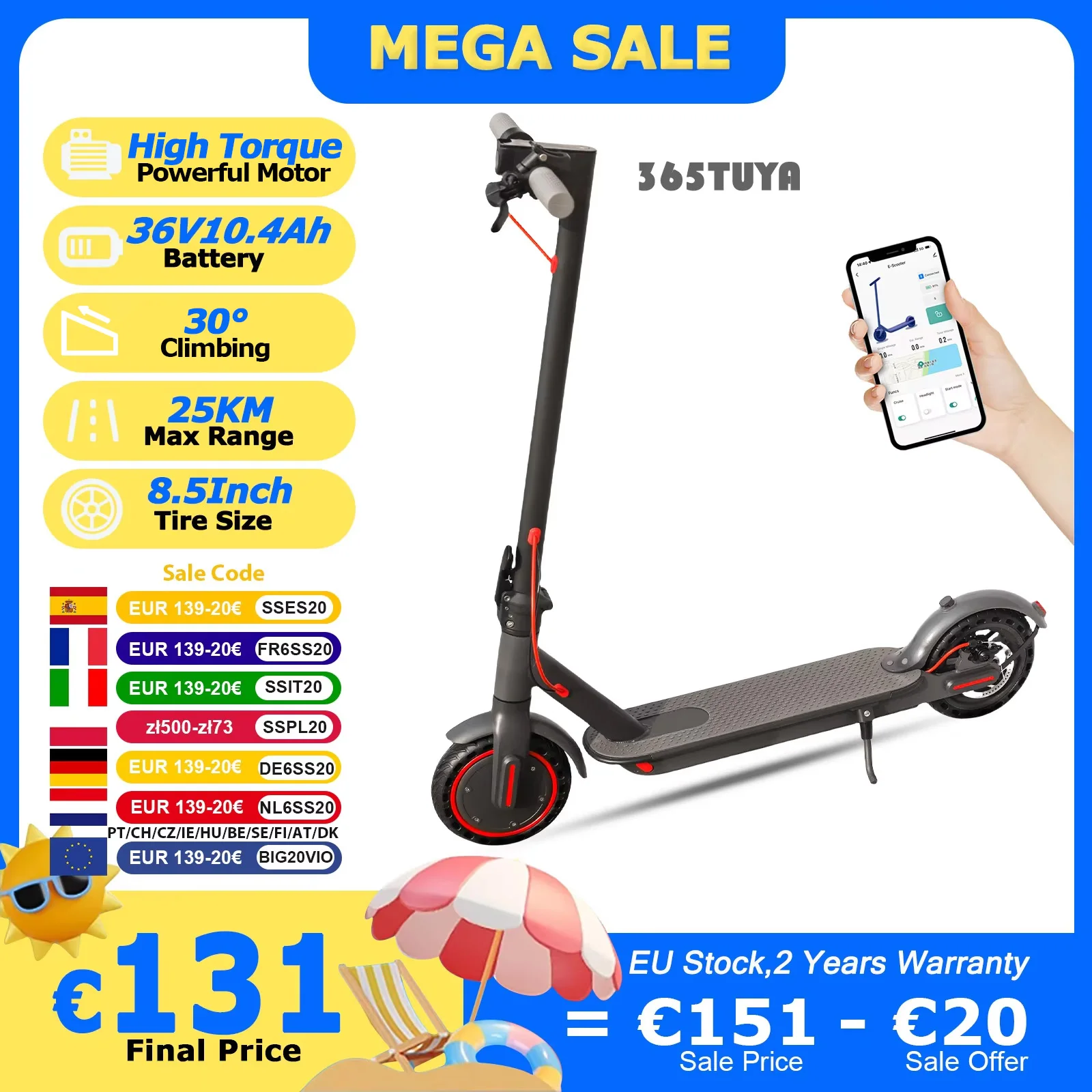 JUICEASE 365TUYA Elektroroller Leistungsstarker Motor 36V 10,4Ah Großkapazitätsbatterie 35KM Reichweite Smart-App 8,5-Zoll Doppelbremse Faltbarer Pendler-E-Scooter