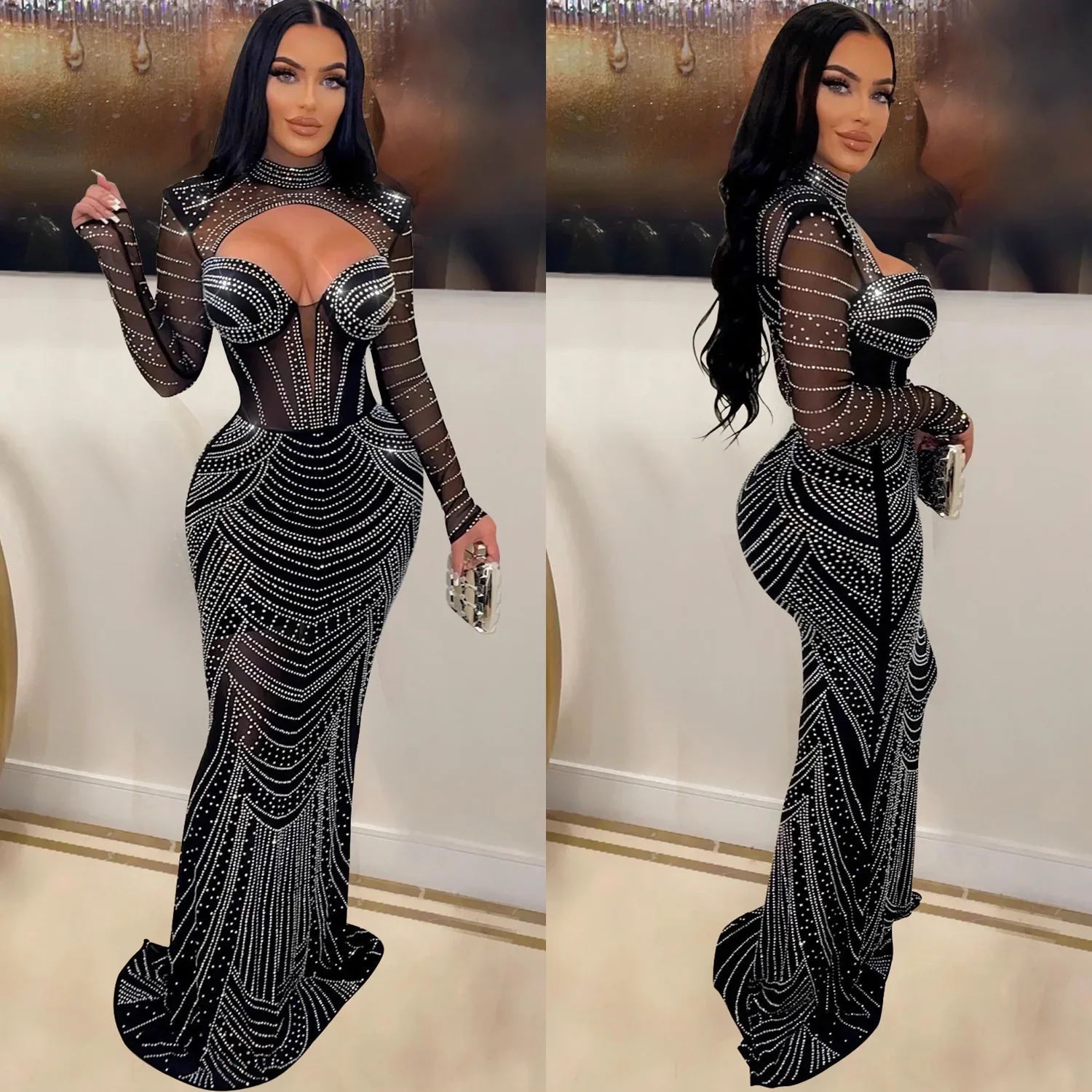 Elegant Diamond Rhinestone Sheer Msh Evening Prom Floor Length Dress Women Outfits Vestidos Sexy See Through Party Club Dresses