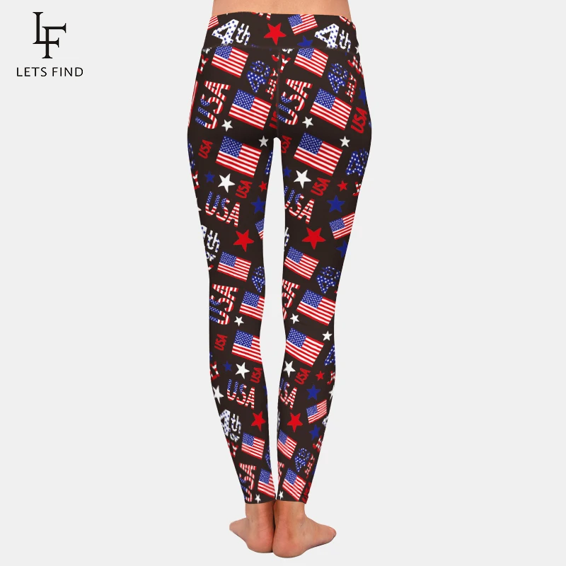 LETSFIND-Leggings negros con estampado de bandera americana para mujer, Leggings informales de cintura alta para Fitness, novedad