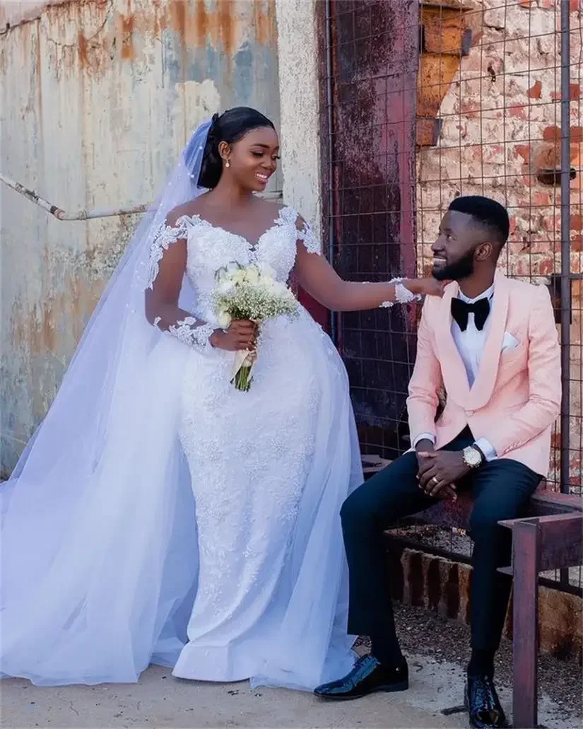 맞춤 제작된 멋진 스쿱 네크라인 레이스 머메이드 웨딩드레스, 일루젼 풀 슬리브 진주 장식 브라이덜 가운