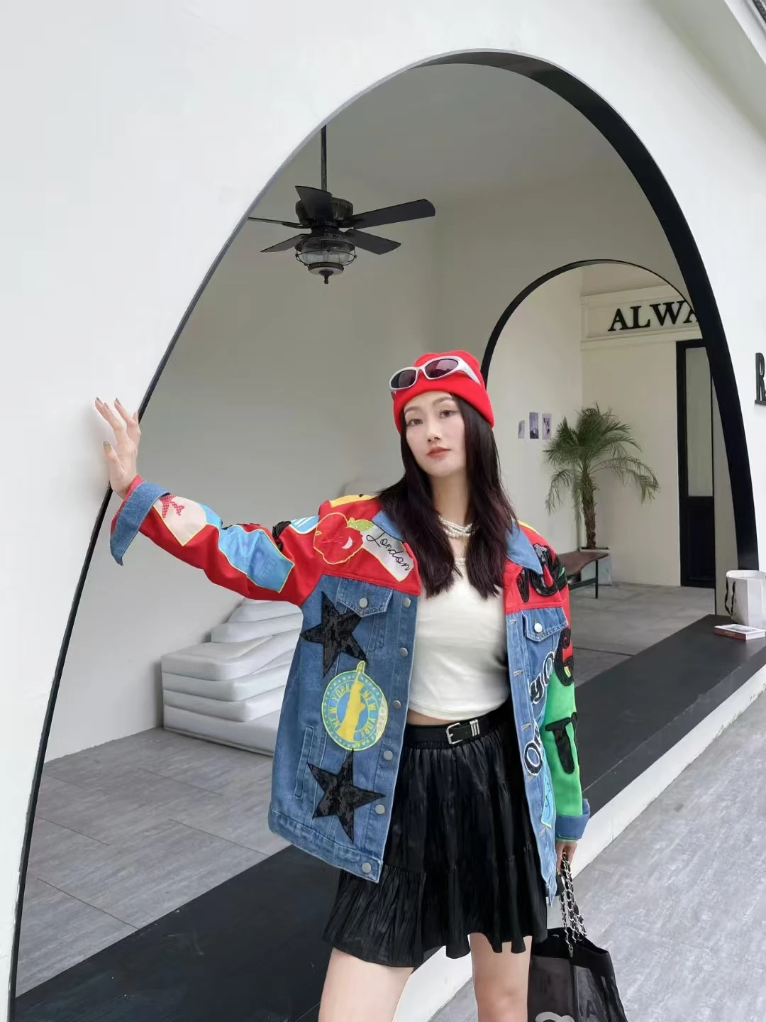 2025 Spring and Autumn Fashion Casual Versatile Denim Jacket Loose Long Sleeve Top Heavy Stitching Denim Jacket for Women