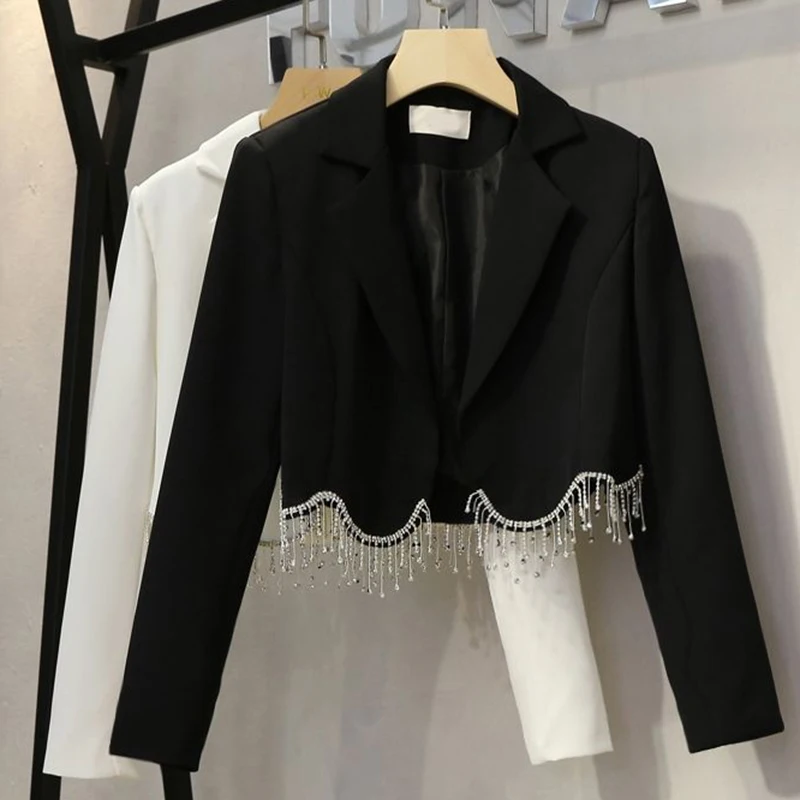 Women's Small Suit Blazer with Tassels and Diamonds, Short Coat, Slim High Waist Casual Jacket, Summer