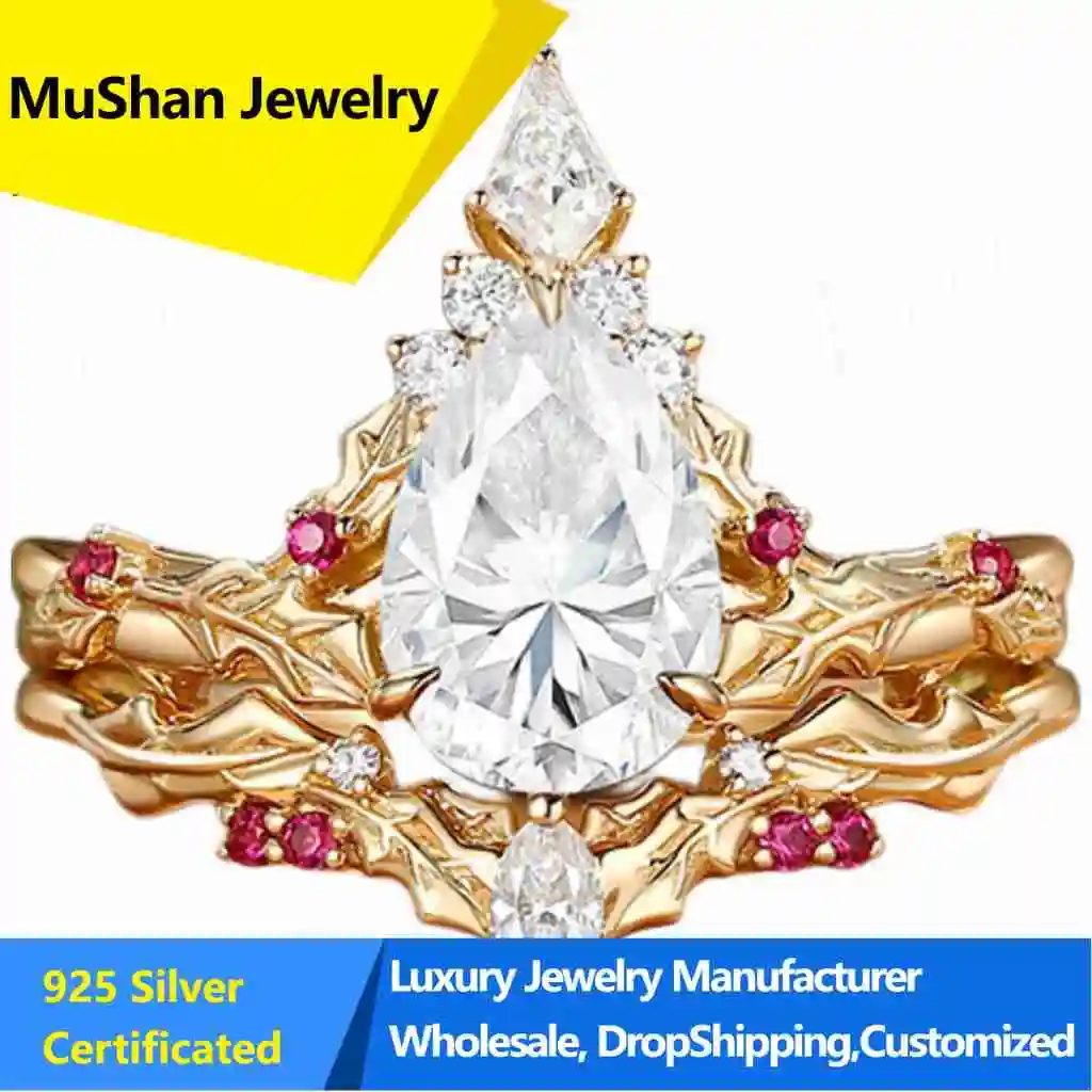 MuShan Jewelry Ins Wind 1.5 Carat Water Drop Crown Wedding Ring Female Europe And America S925 Sterling Silver Gold Plated