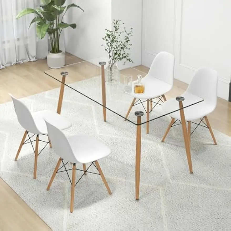 Dining Table Set for 4, Glass Dining Table & 4 White DSW Chairs, Modern Dinette Set for Breakfast Nook, Dining Room, Kitchen