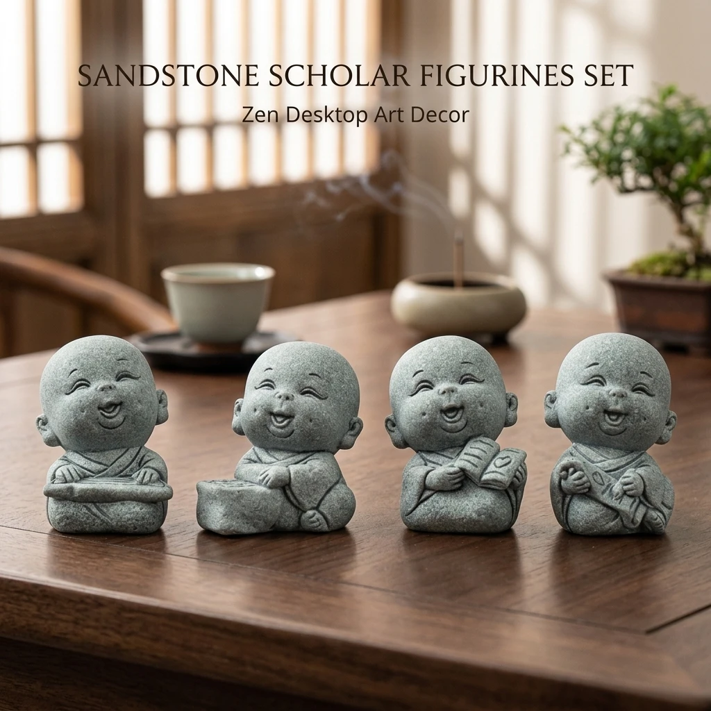 Decorative Figurine Set Hand-Polished for Study Office Tea Room Green Sandstone Chinese Scholar Statues Tabletop Decor