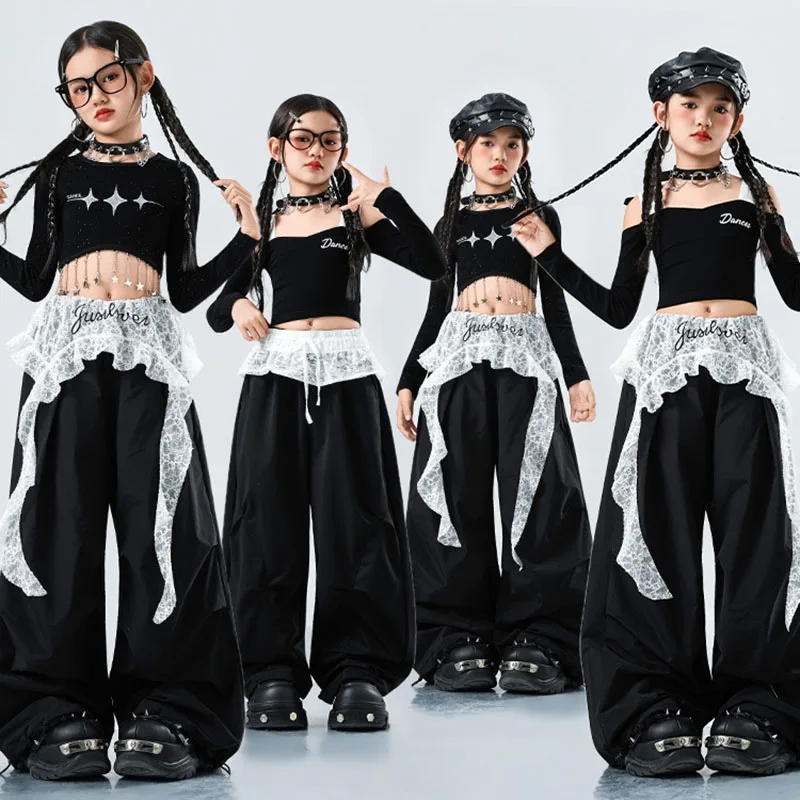 

Kid Kpop Hip Hop Clothing Black Coined Long Sleeve Crop T Shirt Lace Belt Wide Parachute Pants for Girl Dance Costumes Clothes