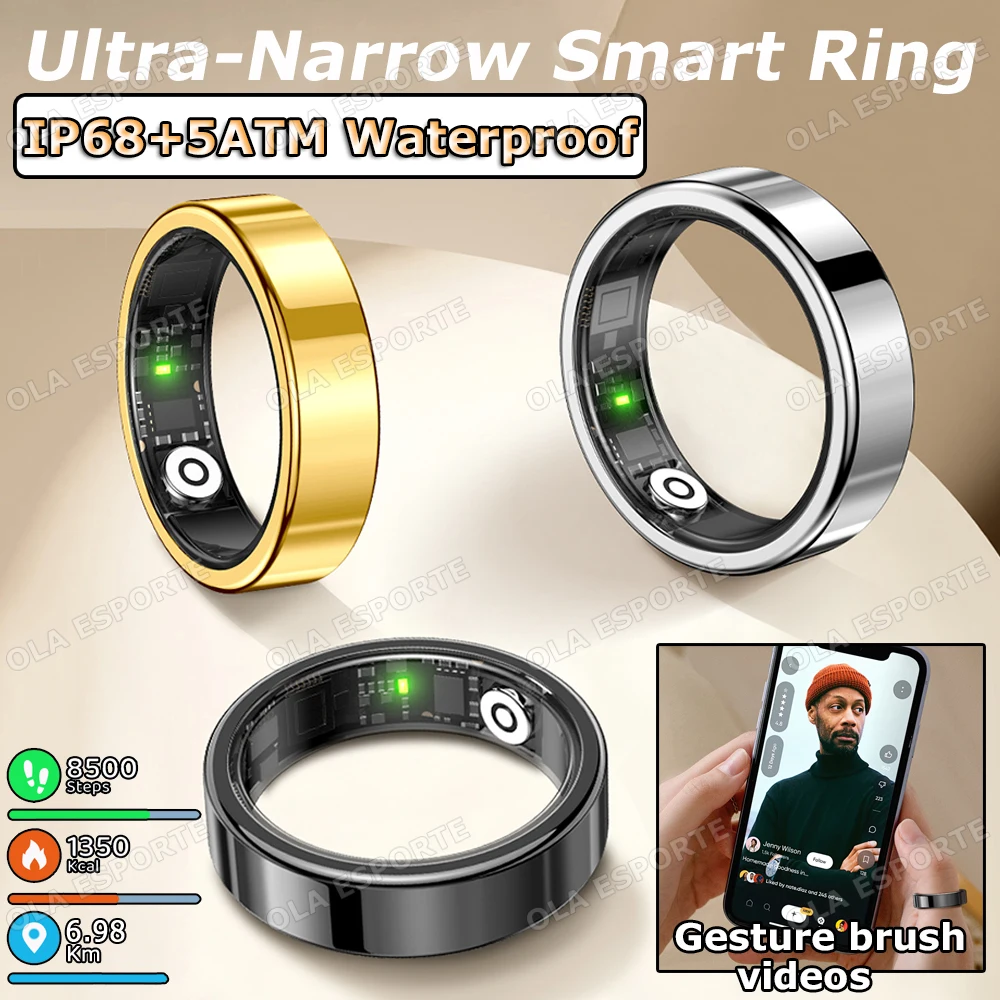 

SmartRing 2026, контроль жестов, сердечный ритм, кислород в крови, монитор сна, водонепроницаемость 5 АТМ, GPS, смазка движения для Android iOS