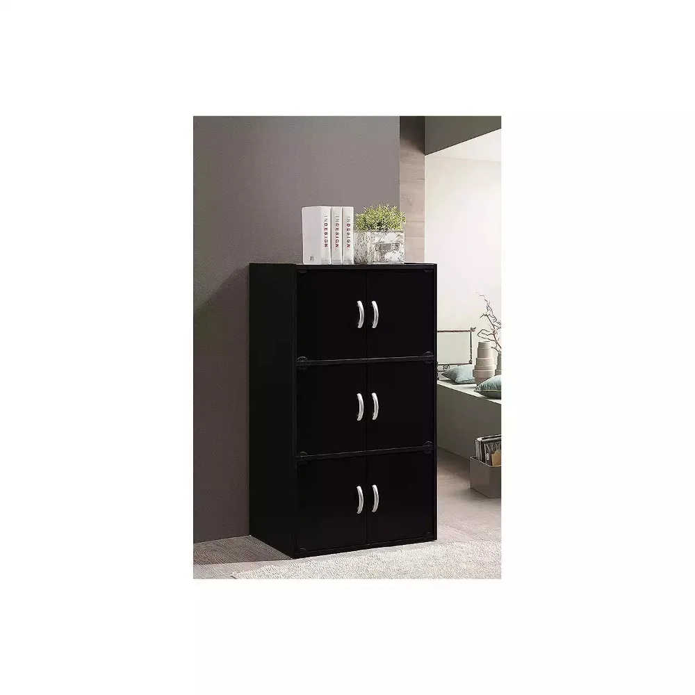 Home 6-Door 3-Shelves Bookcase Enclosed Storage Cabinet, Black