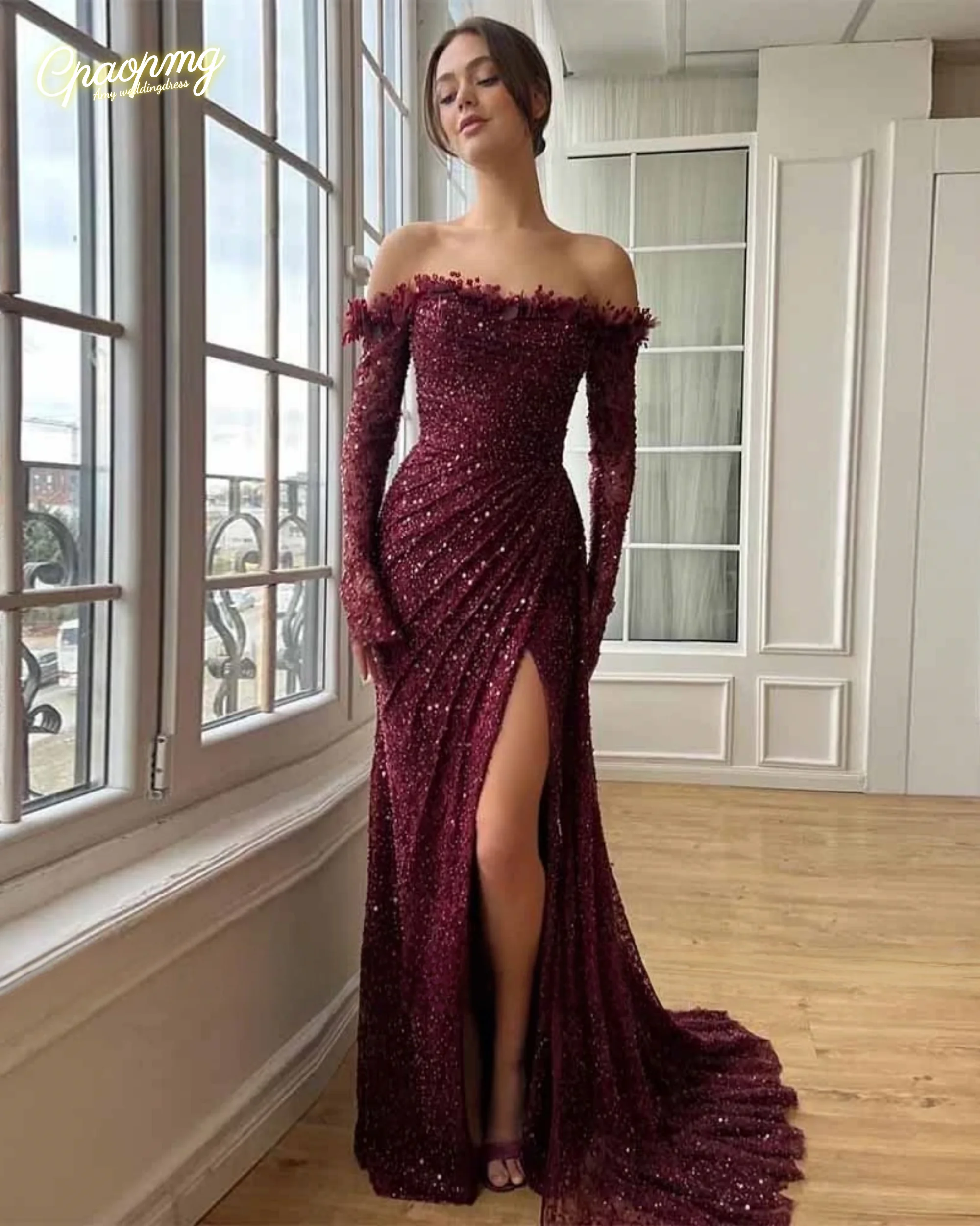 

Customized Luxury Evening Dresses Lace Sheath Valentine's Day Dress Burgundy Off-the-shoulder Side Split Pleat Prom Dress Long
