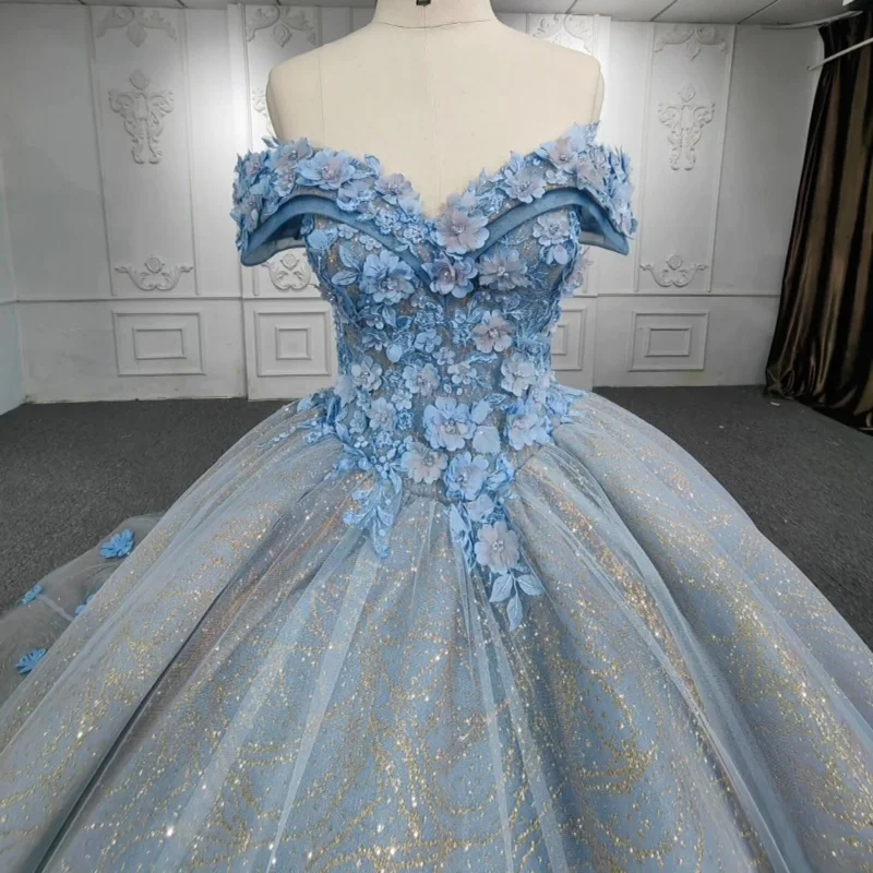 

Shiny Haze Blue Quinceanera Dress Crystal Glitter Decal Lace 3D Flower Long tail Vestidos De 15 Quinceanera ﻿Customize