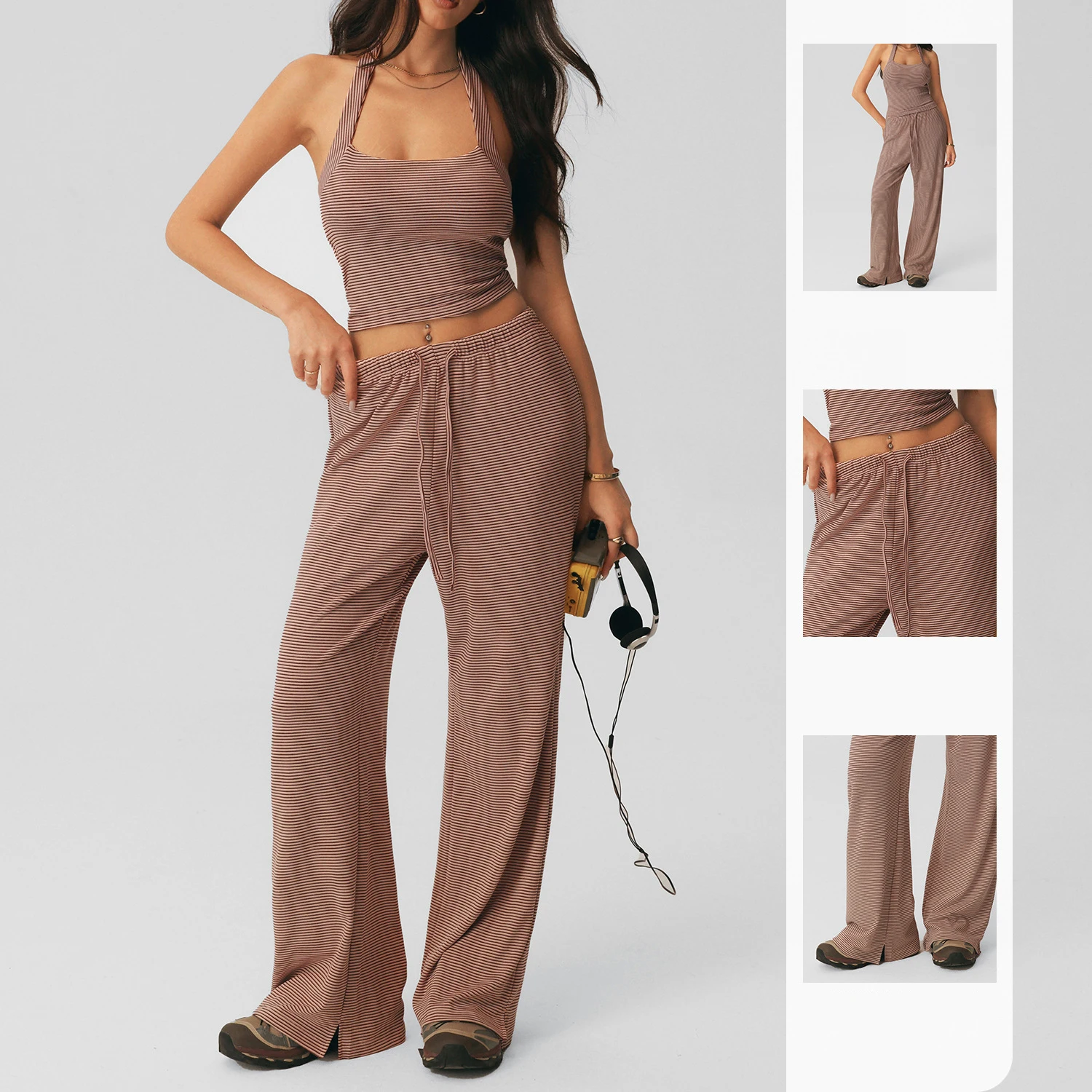 Women's Pilates Yoga Set Casual Striped Wide Leg Pants Set Neck Hanging Vest Top With Chest Cushion Gym Workout Clothing