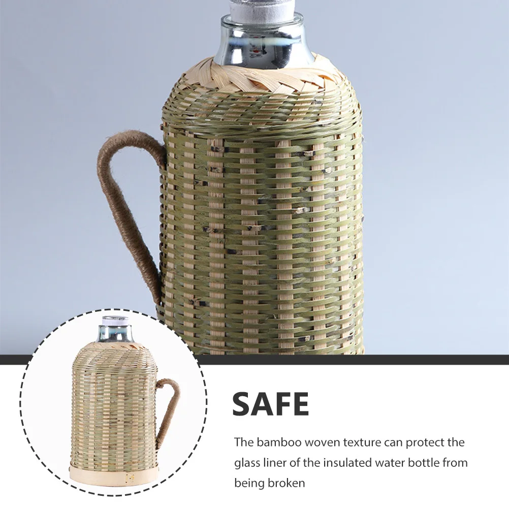 

Insulated Bamboo Woven Water Bottle Large Capacity Retro Style Vacuum Jug with Handle for Hiking Camping Office