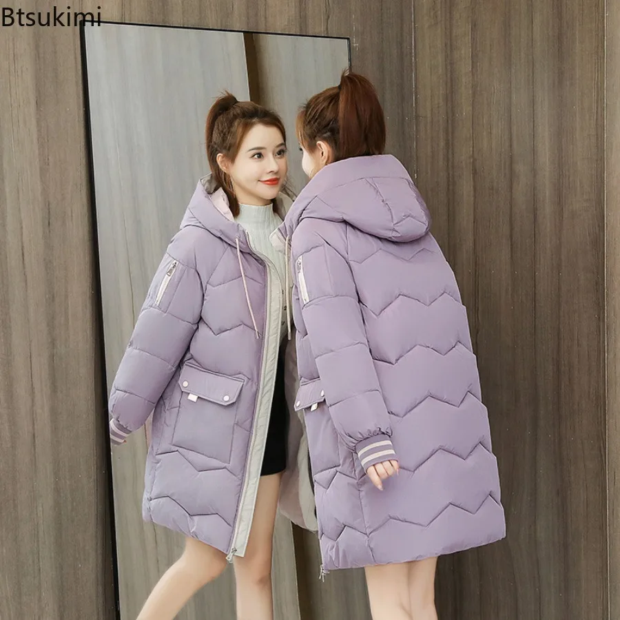 2025 Winter Women Medium Length Jacket Coats Long Parkas Female Down Cotton Hooded Overcoat Loose Casual Thick Warm Jackets