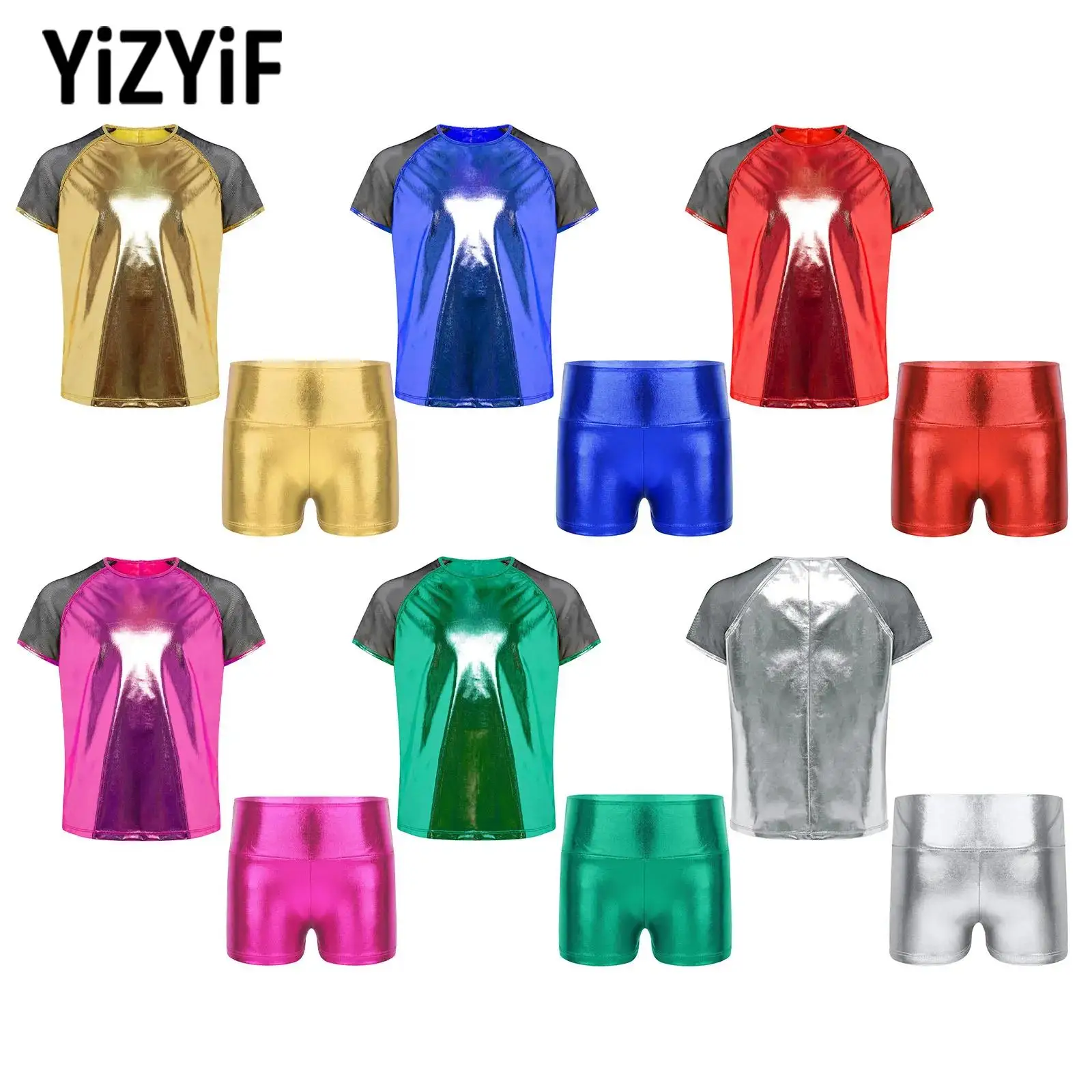 

Kids Girls Jazz Dance Set Hip Hop Street Dancing Costumes Shiny T-shirt with Shorts 2-Piece Cheerleading Stage Party Outfit Set