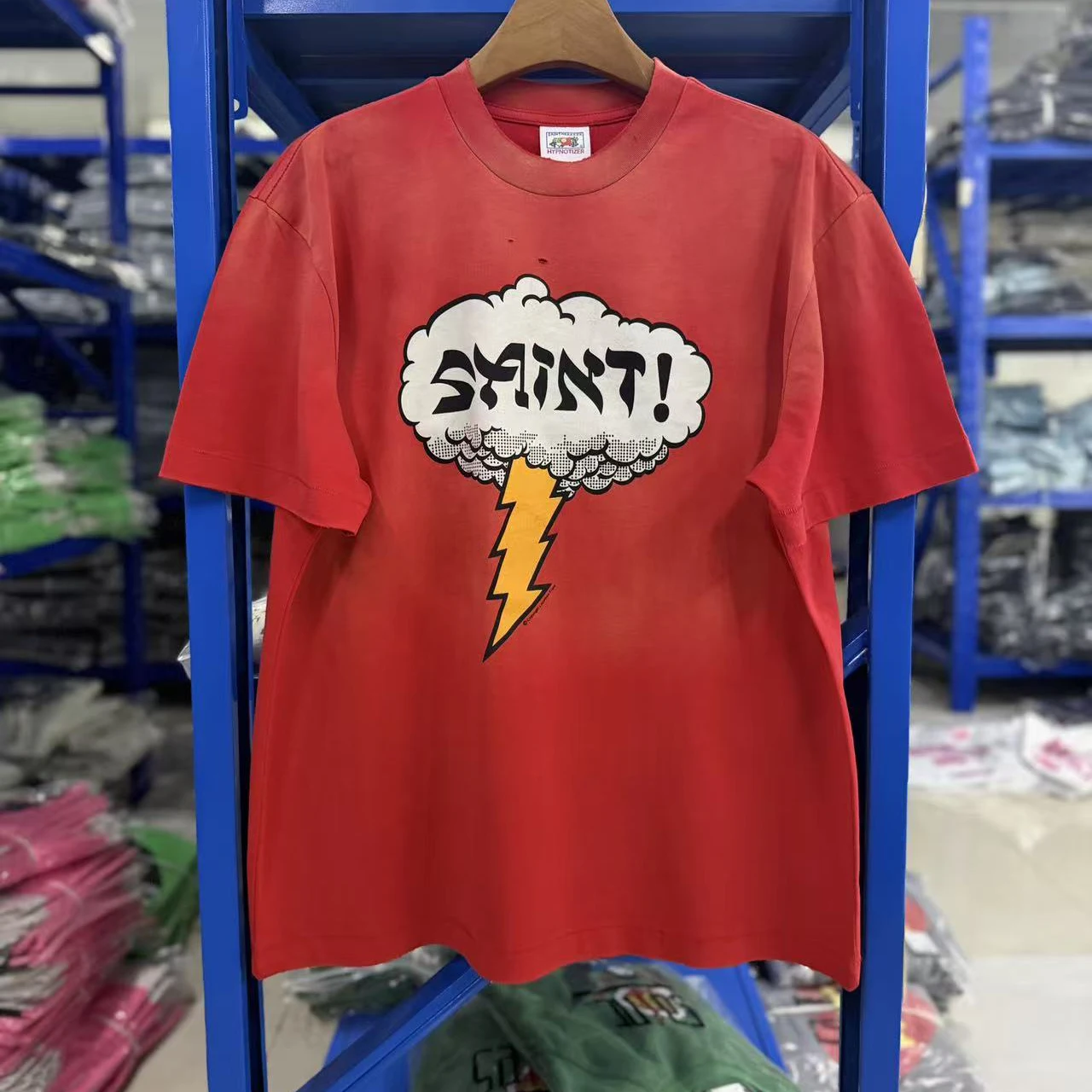26ss Men's SAINT Lightning Cloud Letter Print T Shirts Fashion Roundneck Loose Washed Retro Short Sleeve Real Photo Streetwear