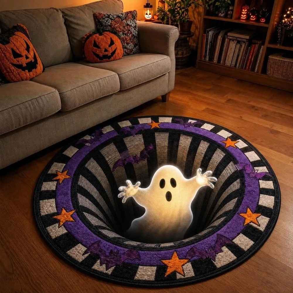 3D Visual Halloween Floor Mat Ghost Pattern Soft Texture Ghost Decorative Carpet Non Slip Backing Easy Clean Surface