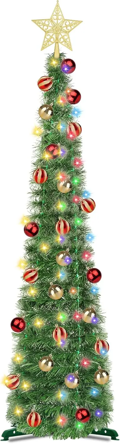 

5 Ft Green Christmas Tinsel Tree, 4-Mode Battery-Operated LED Tree with 15 Ornaments & 3D Star