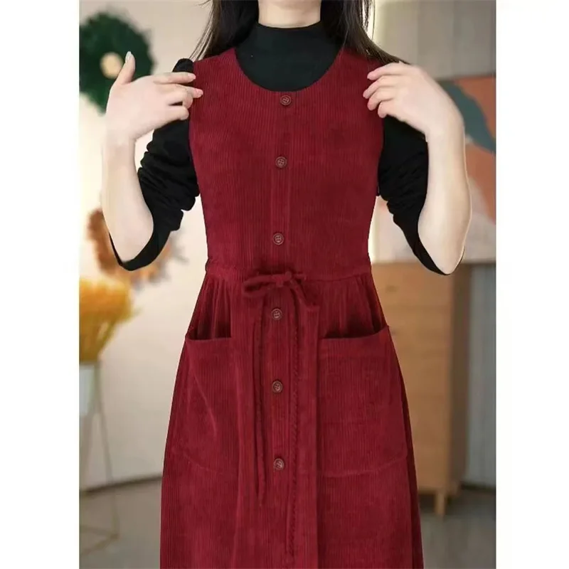 2024 Winter Fake Two piece Corduroy Dress Stylish Women\'s Dress Draw pleats Slim Waist Dress Women\'s Retro Knee Over Middle Long